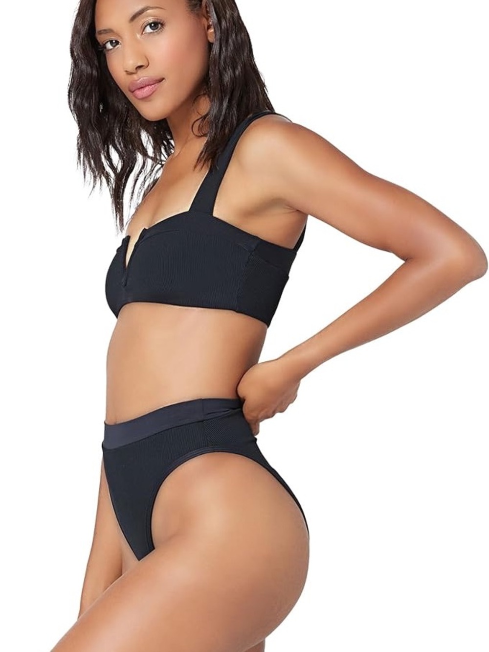 L*Space Lee Lee Black Ribbed High-Waist Bikini Set